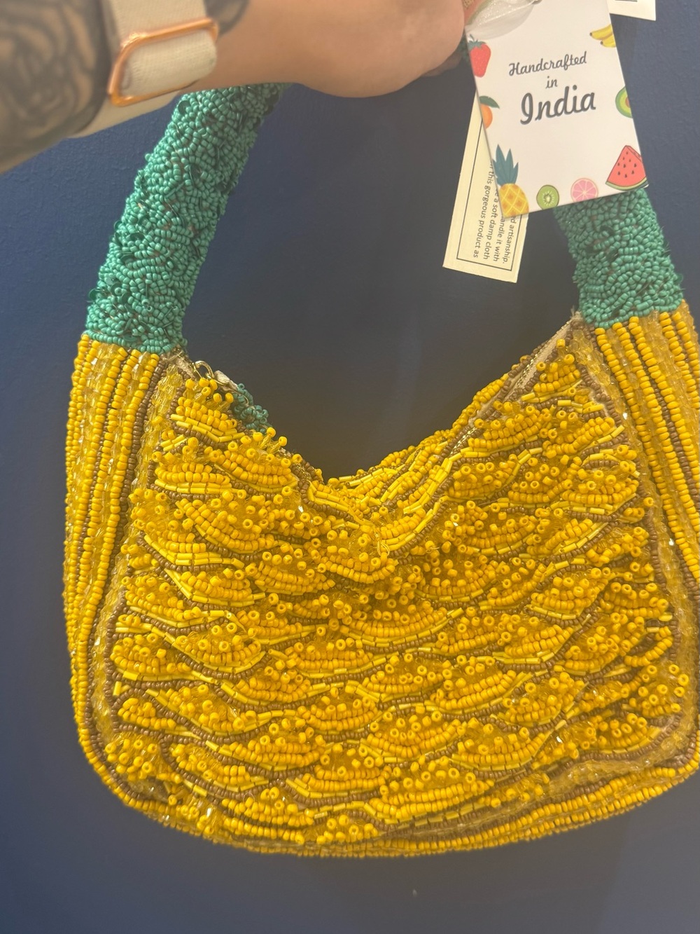 Handcrafted India Yellow Beaded Shoulder Bag with Teal Handle